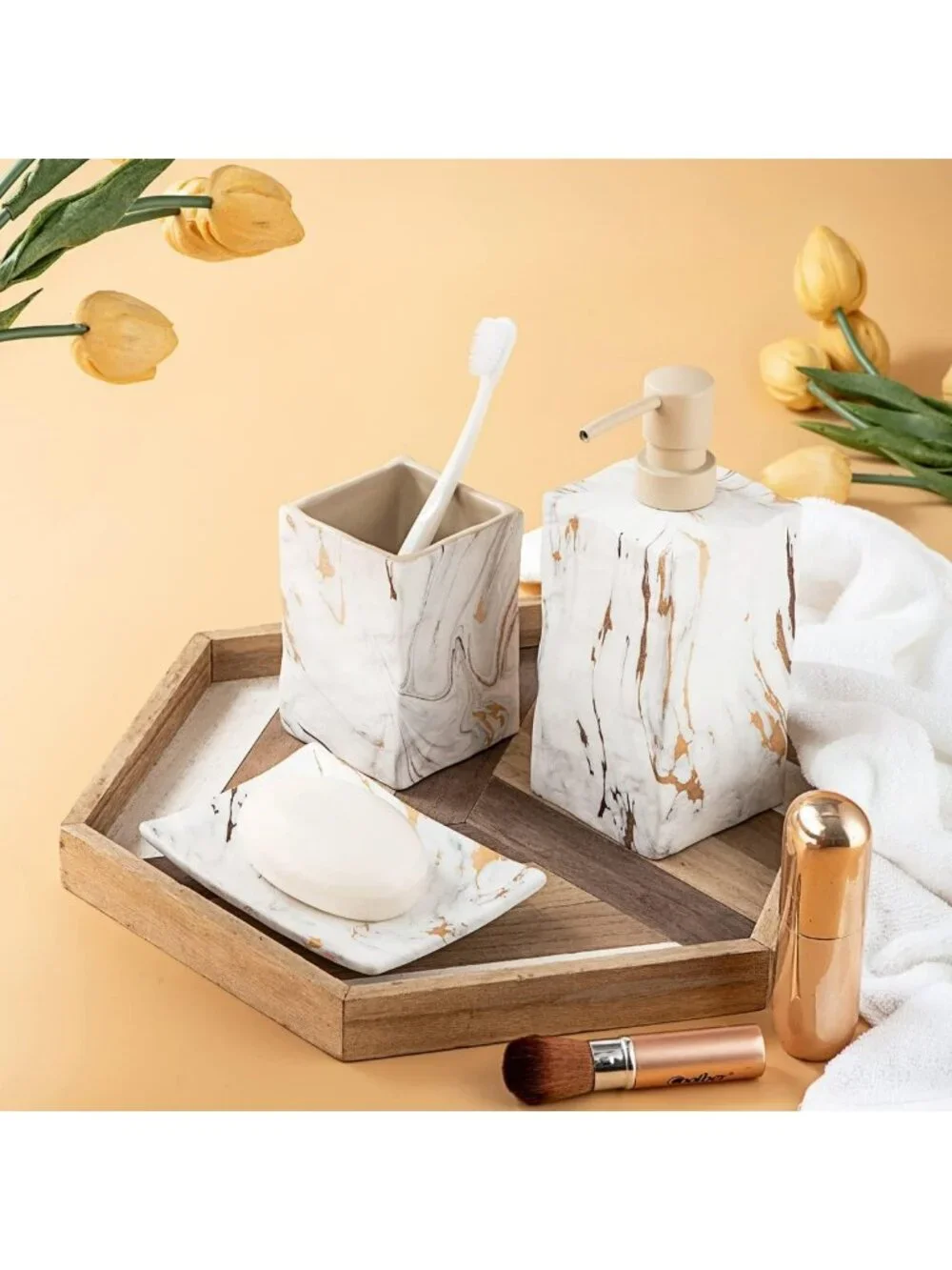 Elegant Marble Bathroom Accessories Set - 4-Piece Ceramic Decor with Gold